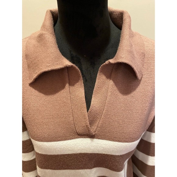 Lillusory Sweater Size Medium Collared V Neck Striped Tan & Cream Super Soft - Picture 3 of 12